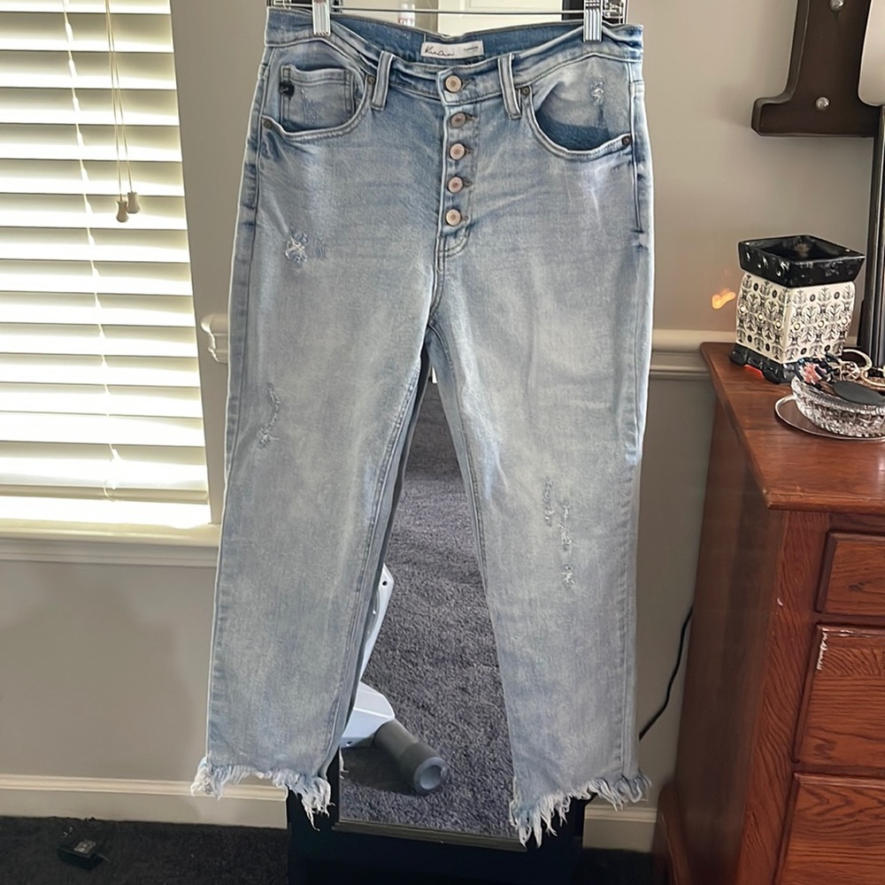 Kancan Button fly Jeans with  distressed hem and lightly distressed